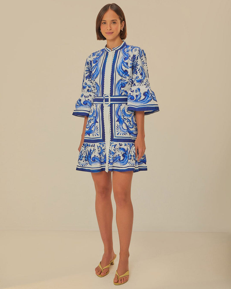 Printed Flare Sleeve Belted Mini Dress