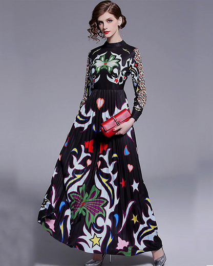 Court Mock Neck Printed Long Maxi Dress