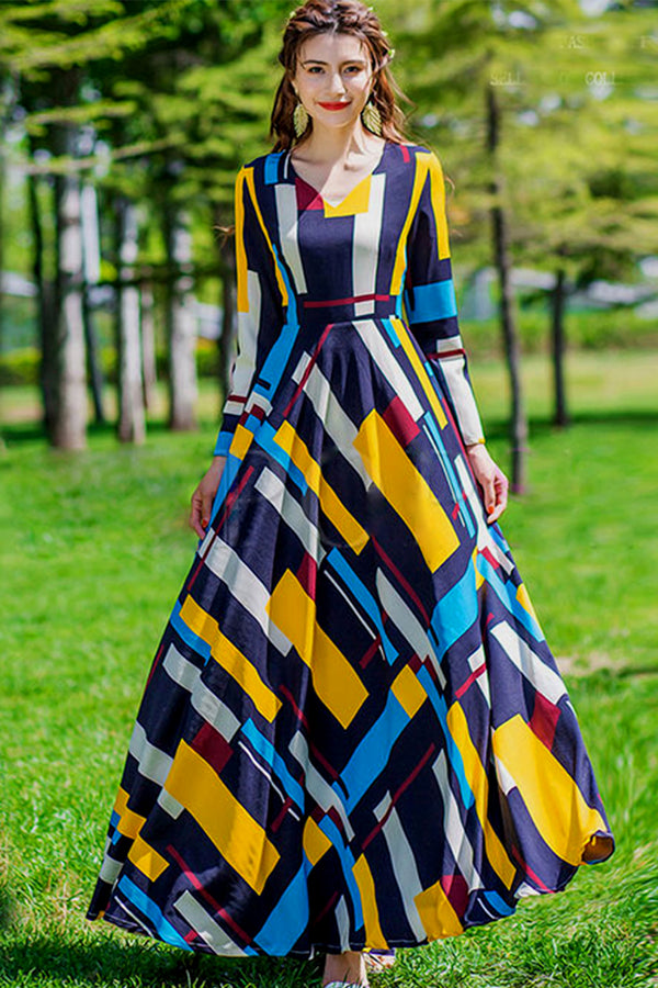 Bohemian V-neck Geometric Print Long Maxi Dress